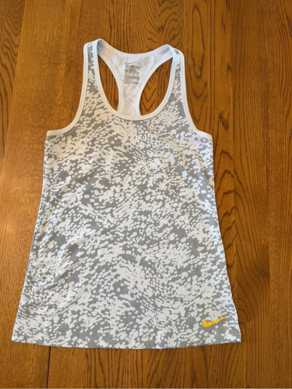 Nike White and Gray Dri-FIT Pixel Print Racerback Tank with Yellow Swoosh